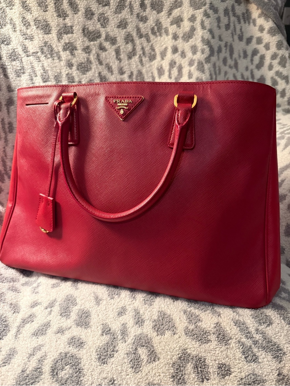 PRADA Saffiano Lux Large Double Zip Tote Fuoco